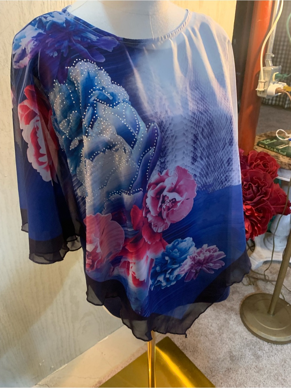 Rebecca Malone Blue and Light Blue Sheer Tie-Neck Blouse - Picture 3 of 7